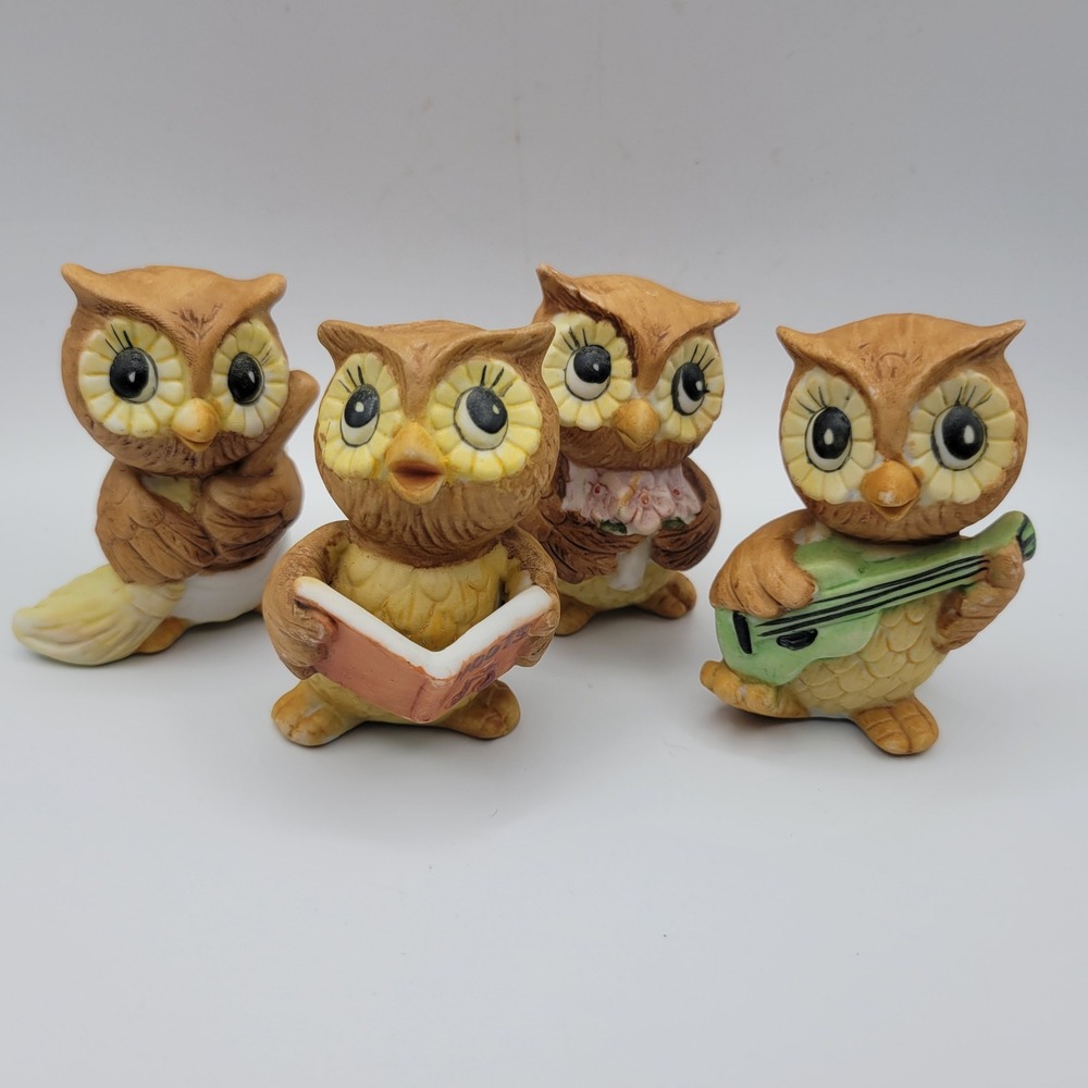 Set of 4 Adorable Ceramic Owl Figurines Musical Reading Owl Decor